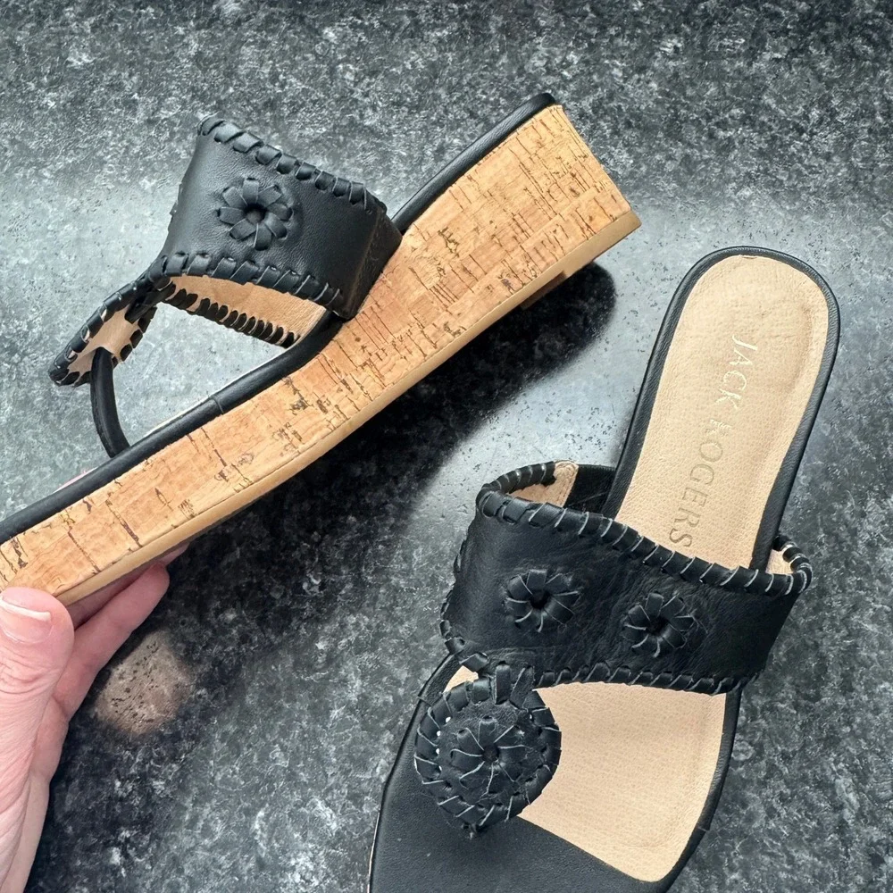 Jack Rogers Mid Wedge Cork Thong Sandals Women's Size 7 Woven Black Classic